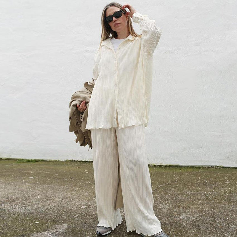 Pleated Casual Shirt Suit Long-sleeved Trousers - SEOUL STYLEZ