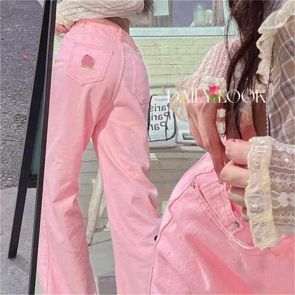 Women's Kawaii Peach Embroidered Pink Denim Pants – Kawaiifashion