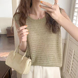 Look your best in this fashionable and breathable Hollow Tank Top. Soft knitted fabric keeps you cool and comfortable, while the stylish, hollow design adds elegance and modern flair. Available in four beautiful colors, this Korean woman's top belongs in your wardrobe. Feel confident, look great, and be at your best!  Bean green
