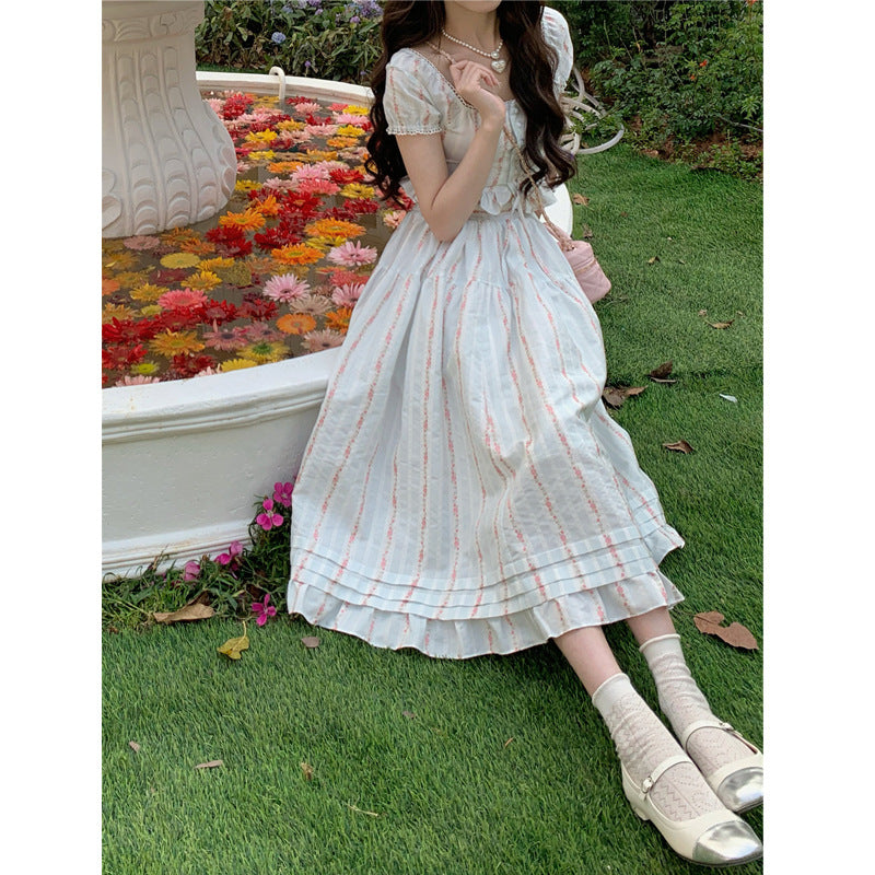 Flower Striped Puff Sleeve Blouse and Long Skirt