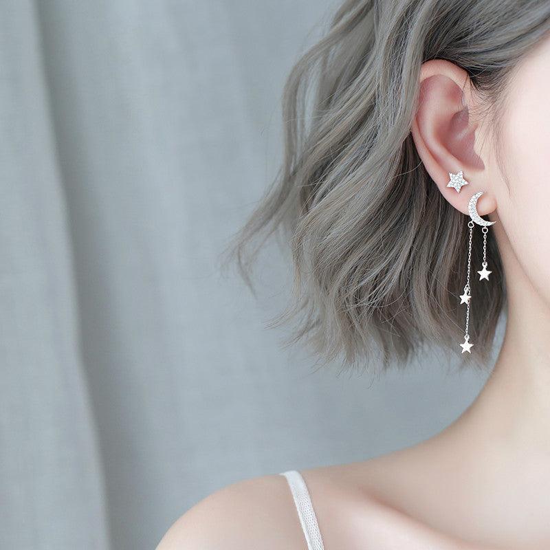 Star & Moon Asymmetrical Earrings / Sterling Silver - SEOUL STYLEZ