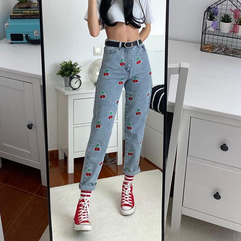 Cherry Embroidered High-rise Slimming Pencil Jeans - SEOUL STYLEZ