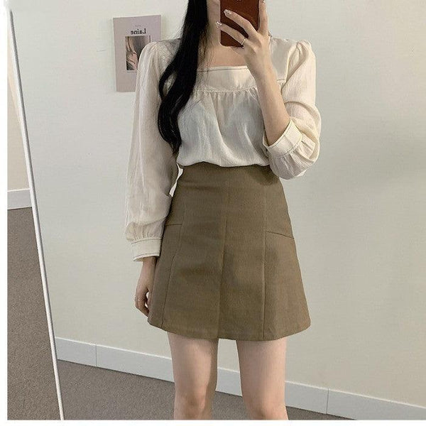 Square Neck Bubble Long Sleeve Shirt with or without matching Skirt - SEOUL STYLEZ