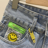 Patch Smile High-waisted Denim Shorts - SEOUL STYLEZ