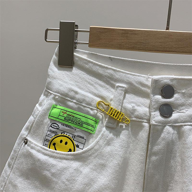 Patch Smile High-waisted Denim Shorts - SEOUL STYLEZ