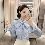 Lace Stitched Bow Loose Long Sleeve Shirt - SEOUL STYLEZ