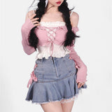 Pink Lace-up Denim Skirt - SEOUL STYLEZ
