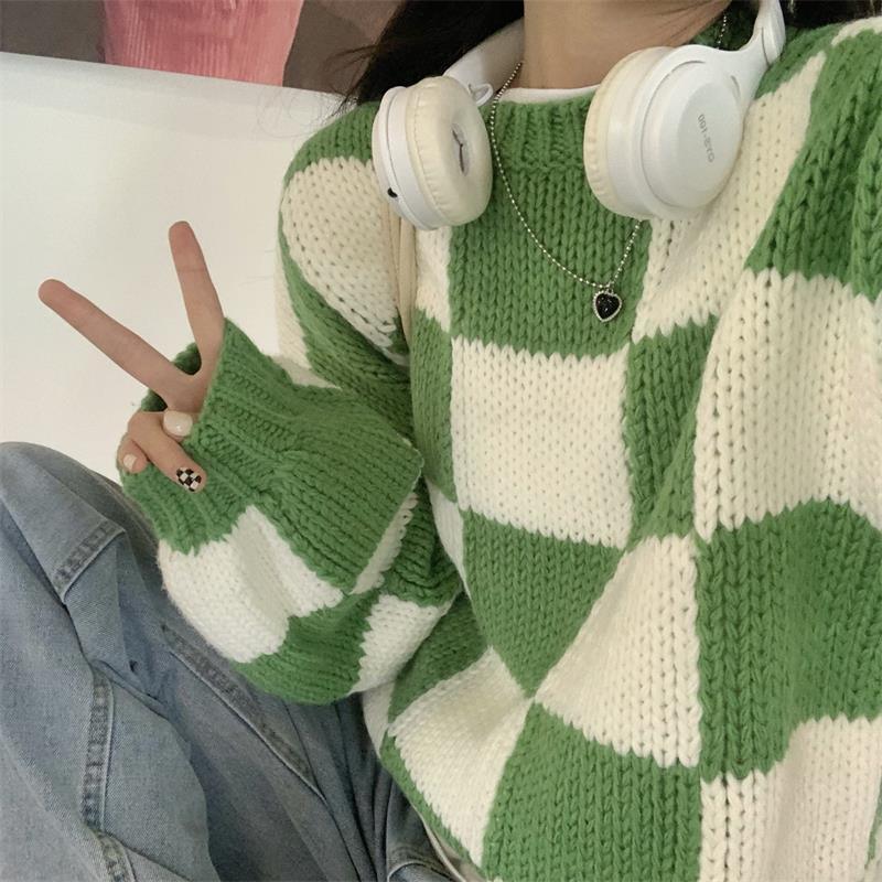 Oversized Green Plaid Sweaters - SEOUL STYLEZ