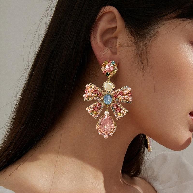 Luxury Pink Rhinestone Bowknot Drop Earrings - SEOUL STYLEZ