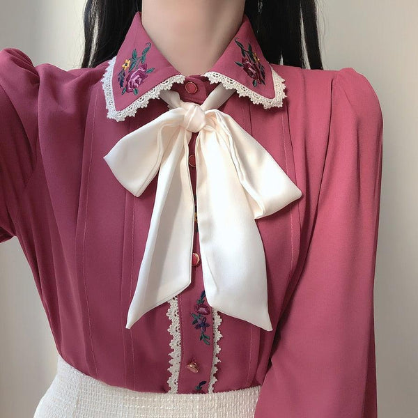 Vintage Embroidery Bow Tie Blouse - SEOUL STYLEZ