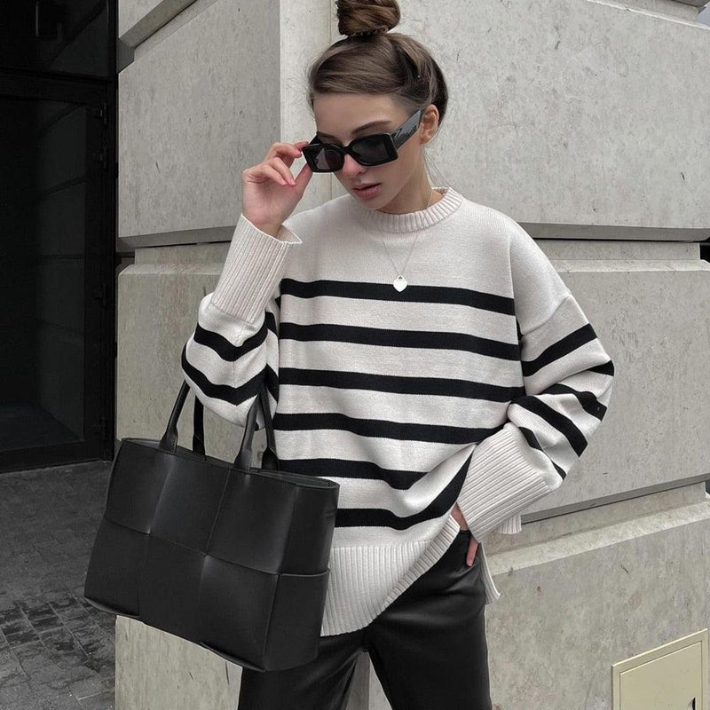Striped Knitted Loose Sweater - SEOUL STYLEZ