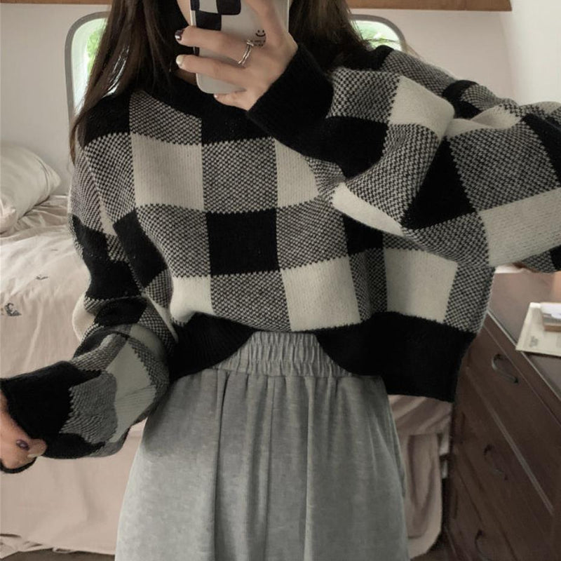 O-Neck Pastel Plaid Sweater - SEOUL STYLEZ