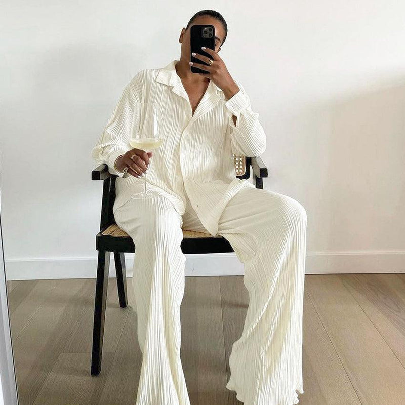 Pleated Casual Shirt Suit Long-sleeved Trousers - SEOUL STYLEZ