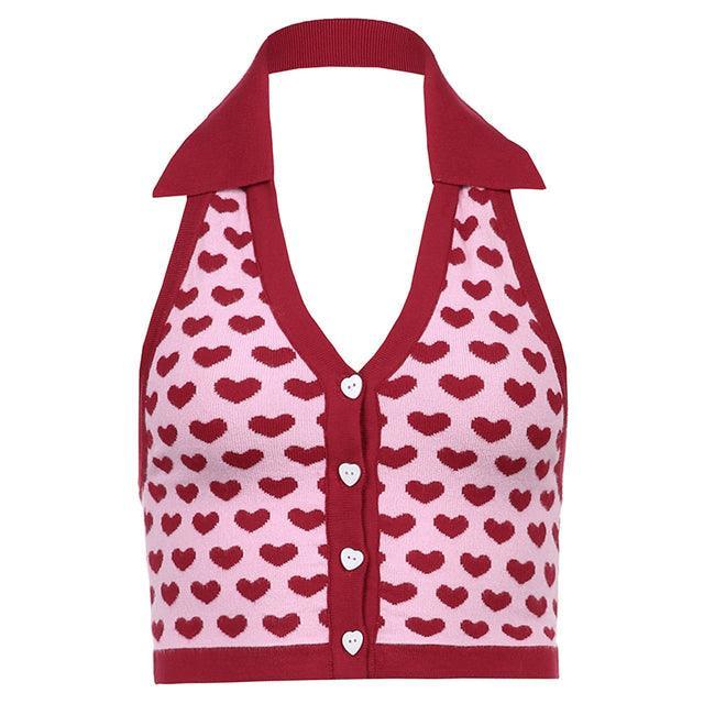 Heart Print Halter Knit Crop Top - SEOUL STYLEZ