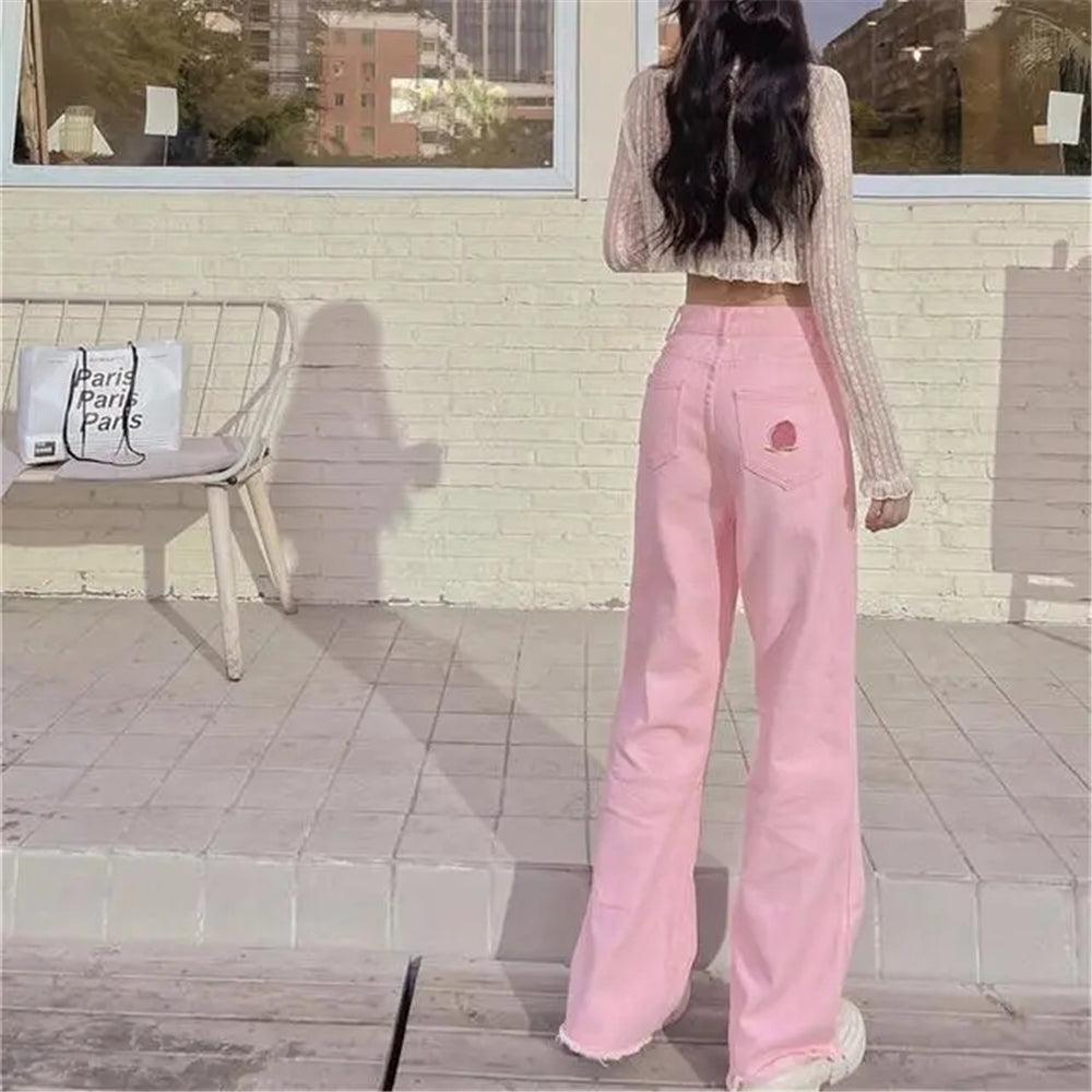 Women's Kawaii Peach Embroidered Pink Denim Pants – Kawaiifashion