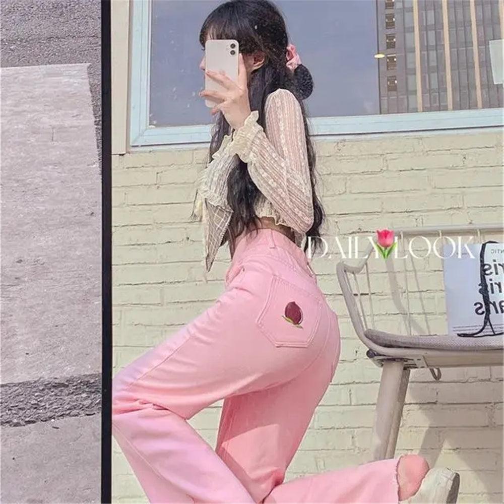 Women's Kawaii Peach Embroidered Pink Denim Pants – Kawaiifashion