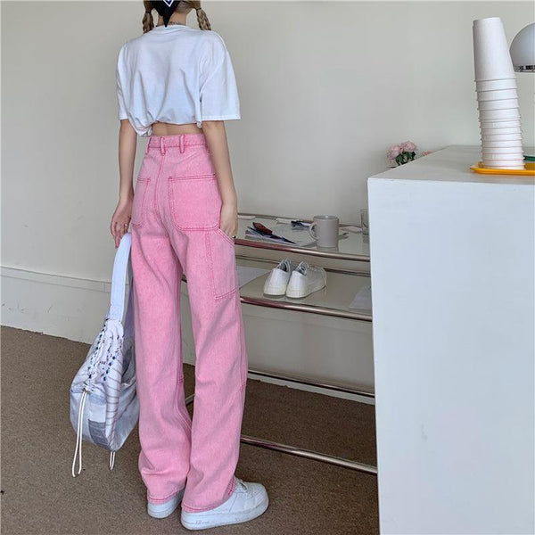Pink High-Waisted Baggy Jeans - SEOUL STYLEZ