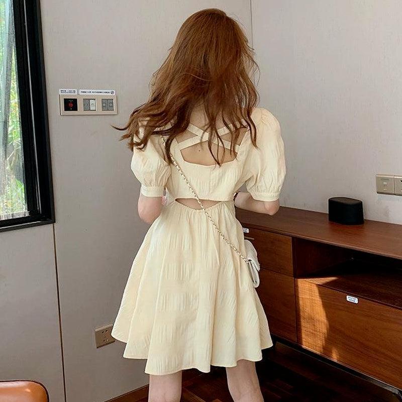 Yellow Puffed Half-Sleeve Dress - SEOUL STYLEZ